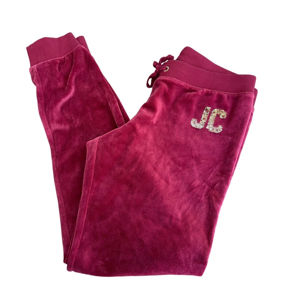 Juicy‎ Couture Women Velour Sweatpants Burgundy Maroon Gold Sequin JC Logo Sz XS